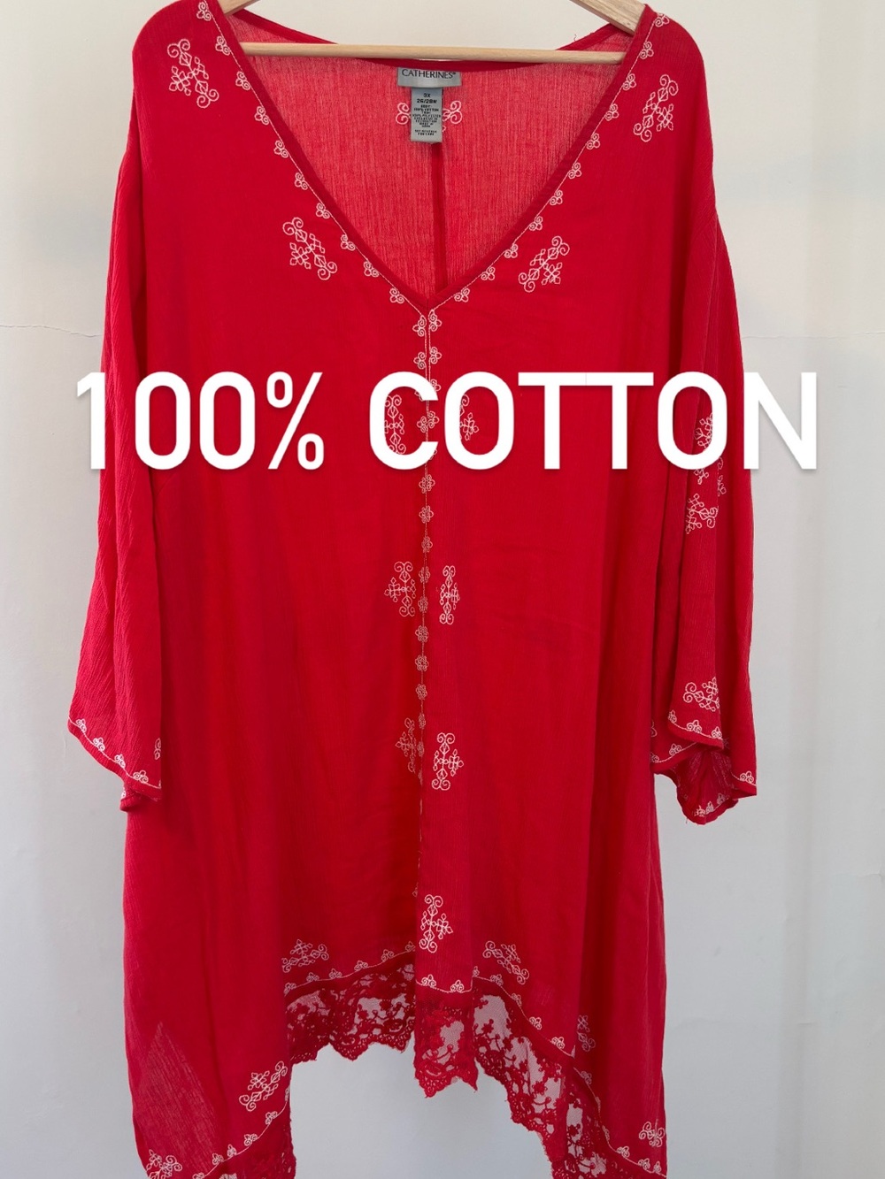Catherines Red Embroidered Cotton Tunic Cover-Up | 100% cotton | 3X